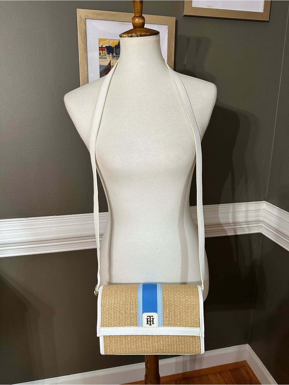 Tommy Hilfiger Natural Straw Crossbody with Sky Blue Stripe. New without tags!
